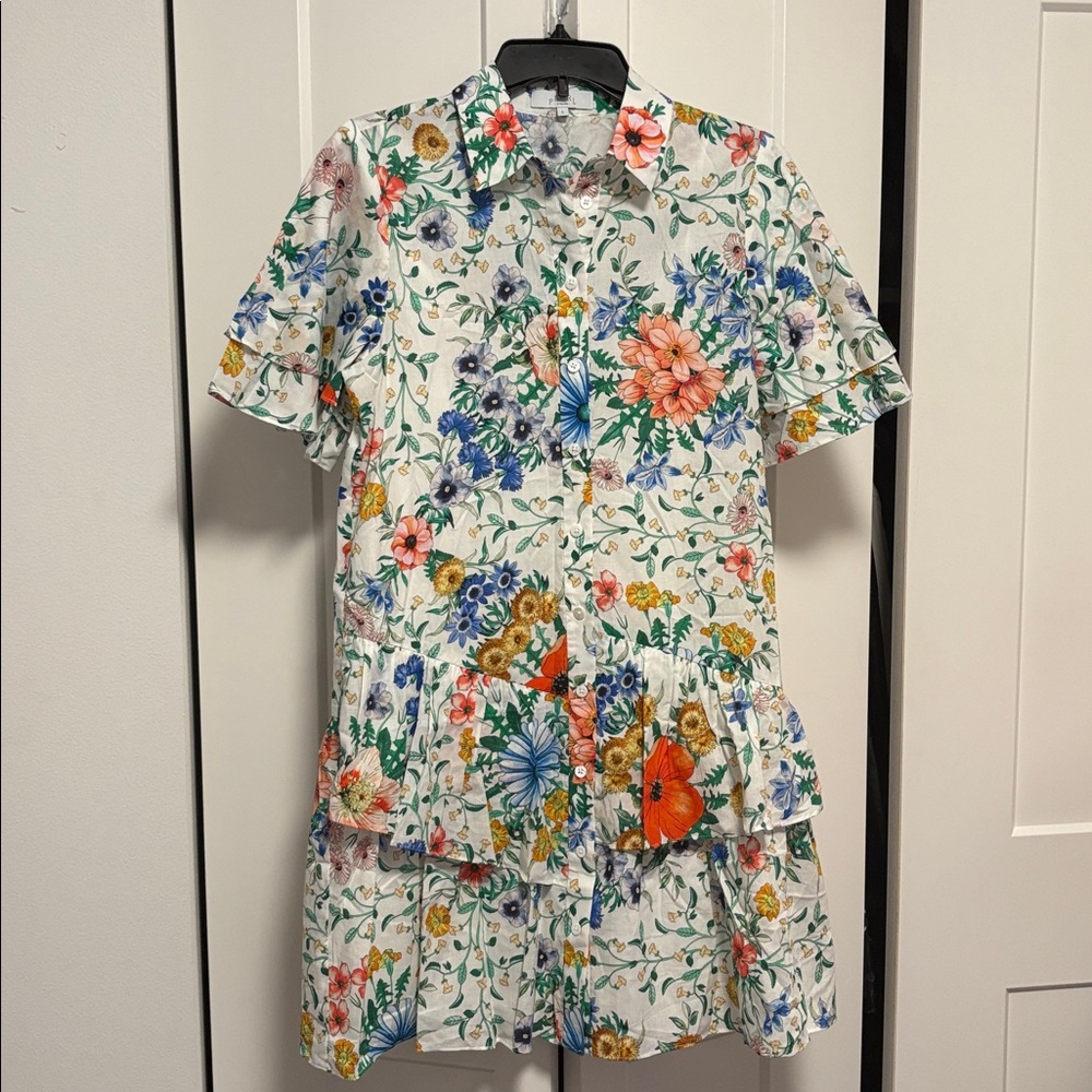 NWOT [Pearl by Lela Rose] Floral Flounce Sleeved Button-Up Shirt Dress Women’s S - Picture 3 of 11